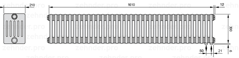 Схема (чертеж) Радиатор Zehnder Charleston 6030/35 №5510 Белый глянцевый RAL 9016